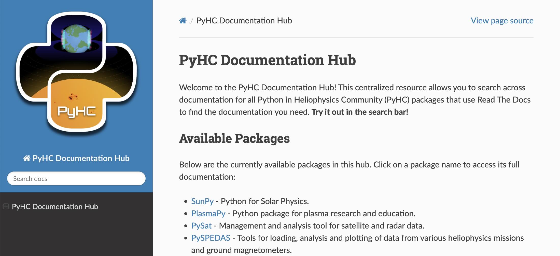 PyHC Documentation Hub screenshot